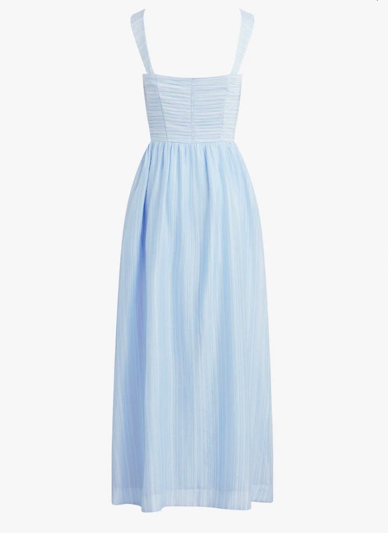 Sky Blue Pleated Bodice Adjustable Front-Tie Long Dress