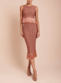 Rosewood Wavy Knit Fitted Midi Skirt with Fringe Hem