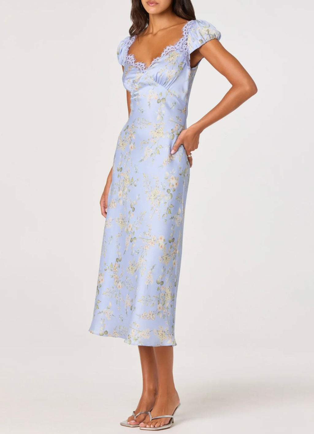 Blue Floral Bias-Cut Satin Midi Dress