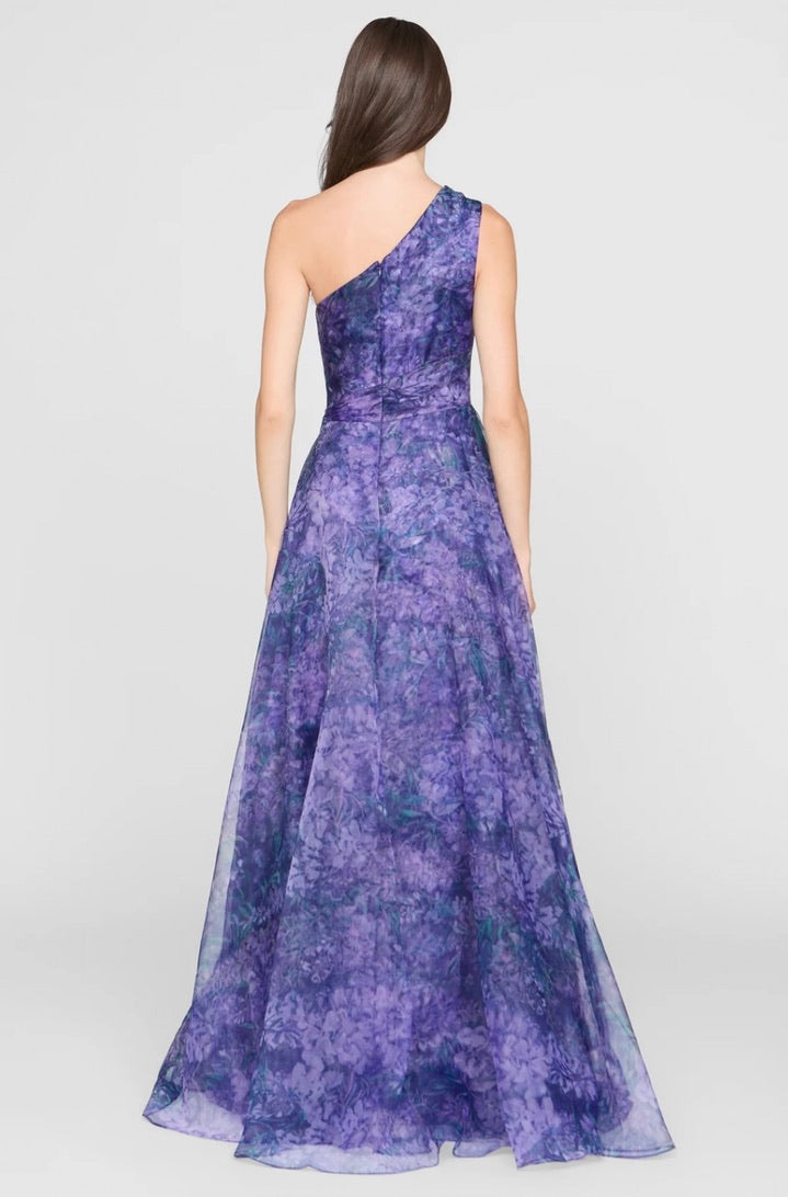 Defined-Waist Cascade-Layered Floor-Length Gown