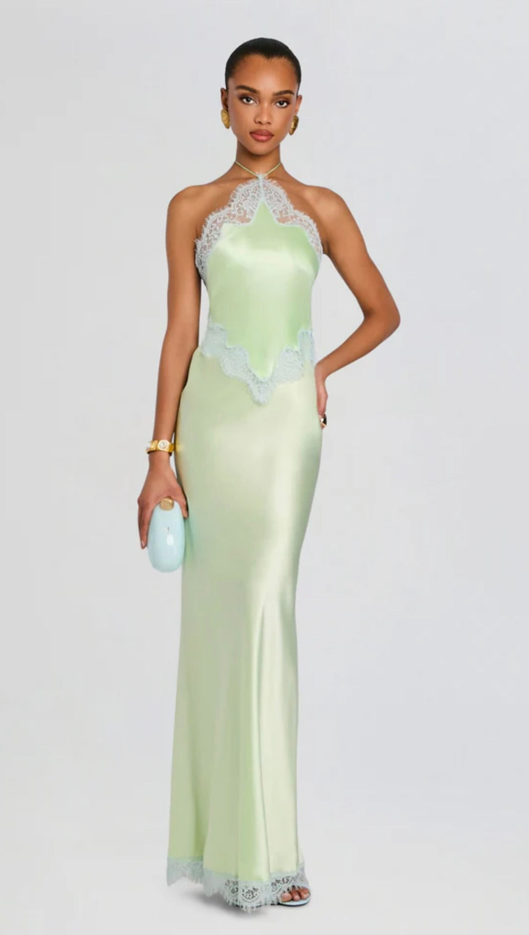 Glace Pistachio Halter Lace Gown