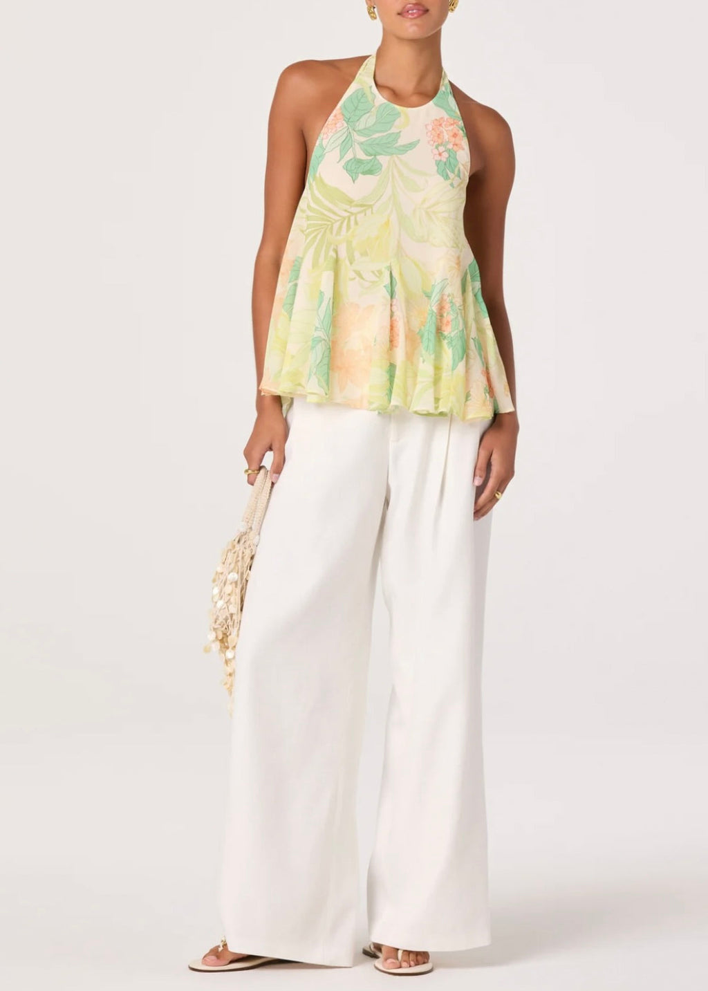 Center Back Self-Tie Tropical Print Chiffon Top