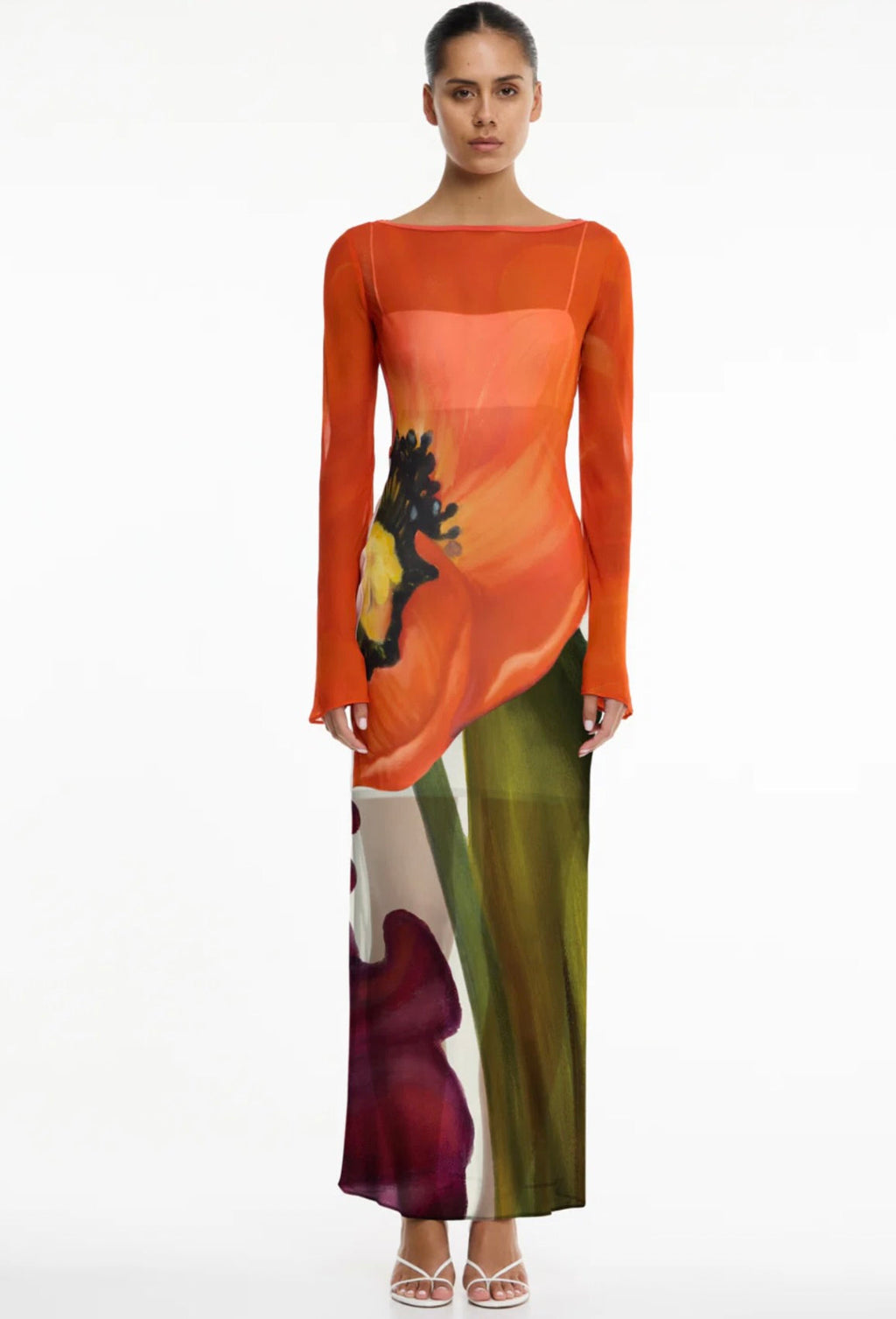 Boat Neck Fluid Viscose Georgette Evening Gown with Flared Hem