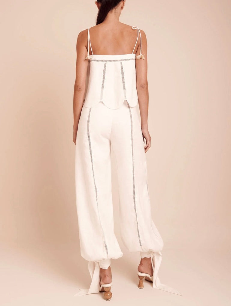 Ivory Linen Fluid Silhouette Mid-Rise Pants with Vertical Lace Inset