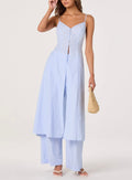 Blue Pinstripe Button-Front V-Neck Longline Tunic Top