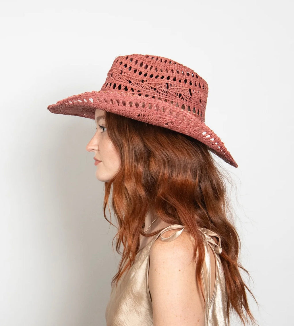 Rose Handwoven Raffia Straw Curved Brim Cutout Western Hat