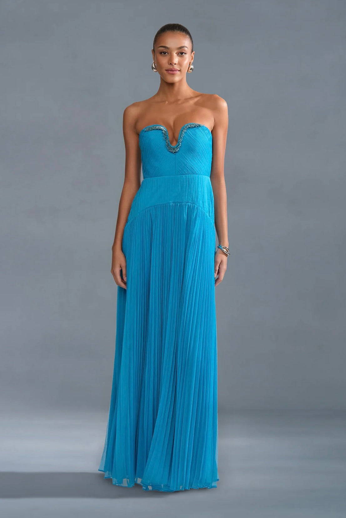 Azura Strapless 3D Beaded Pleated Floor-Length Gown