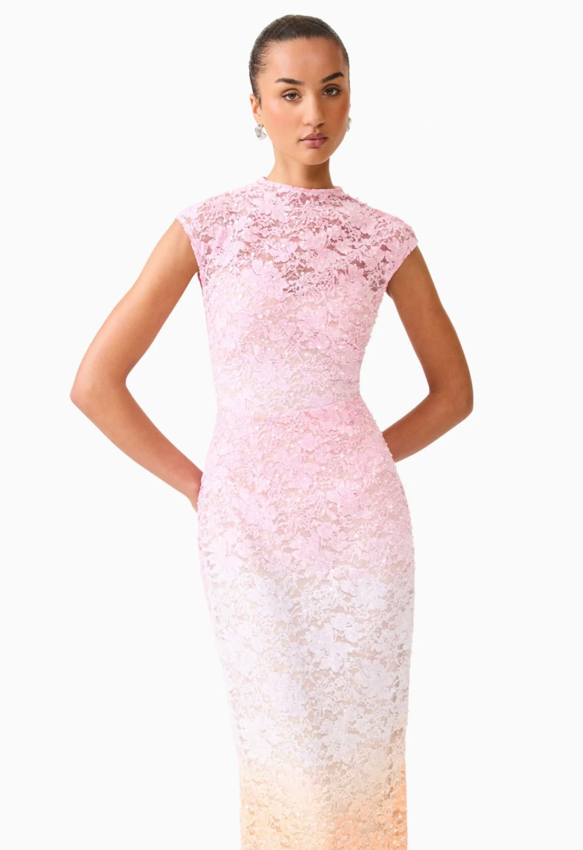 Pink Ombre Sequin Lace Floor-Length Gown