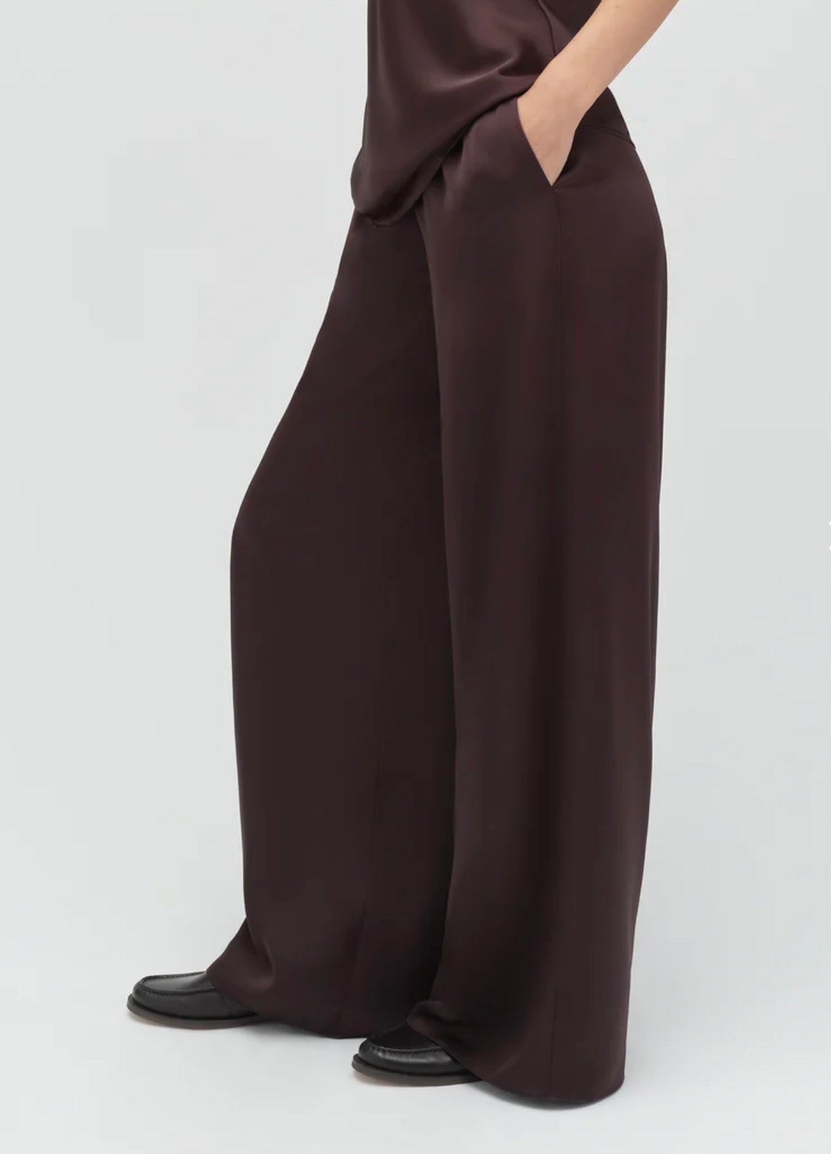 Espresso Silky Satin Elastic Wide-Leg Trousers