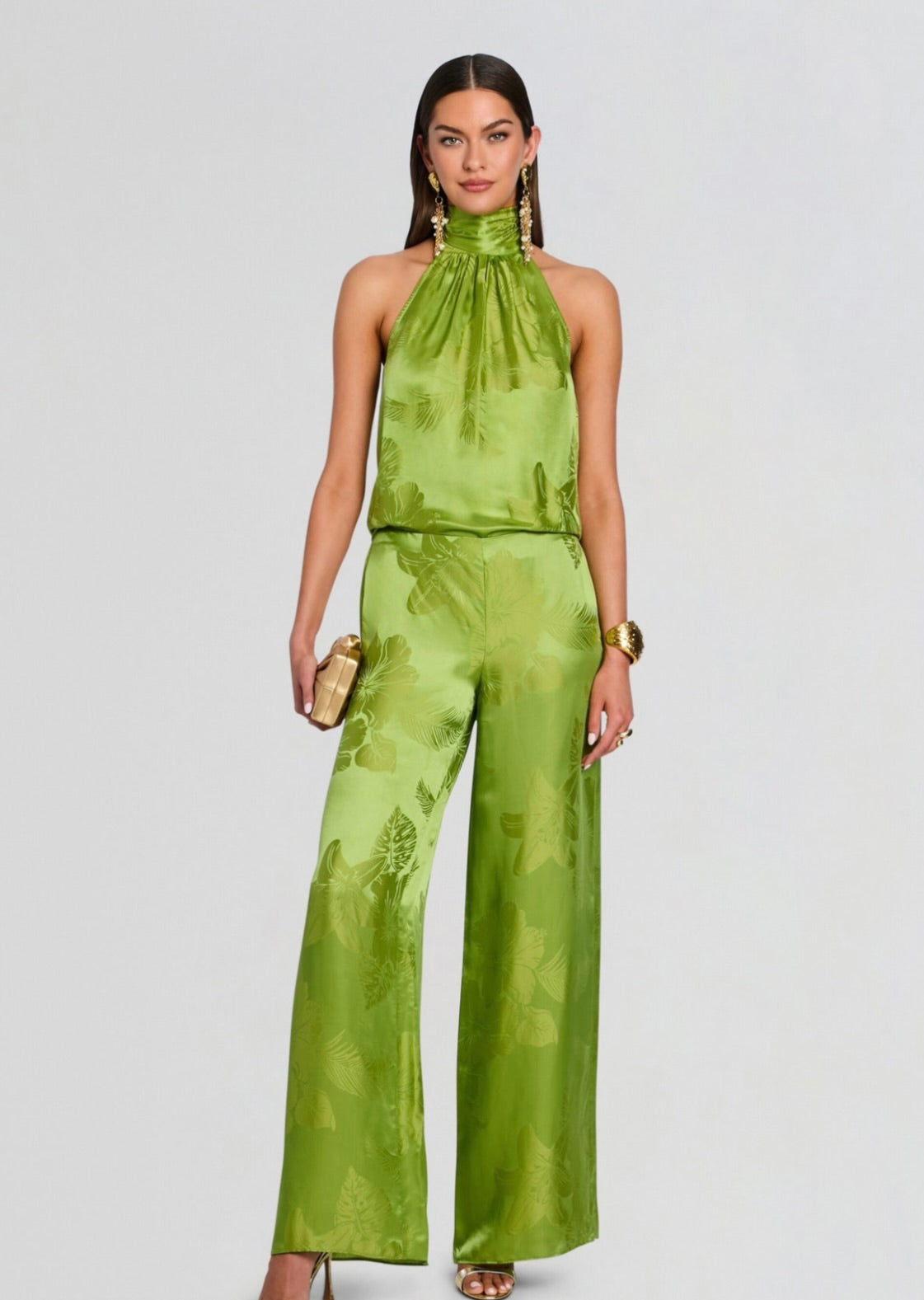Kiwi Tropical Jacquard Halter Satin Top with Fringed Scarf
