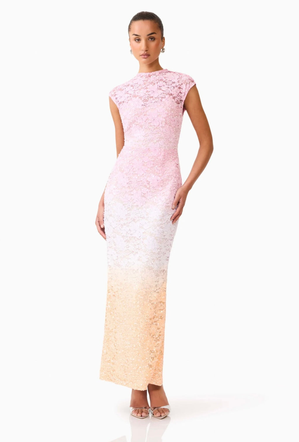 Pink Ombre Sequin Lace Floor-Length Gown