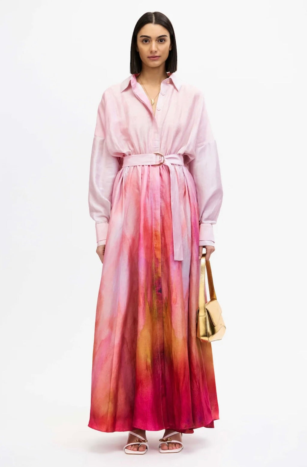 Concealed Gold-Button Front Placket Gown