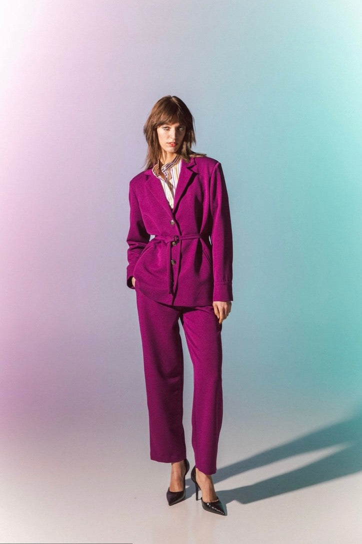 Front-Pleat Tapered Purple Tailored Suit Trousers