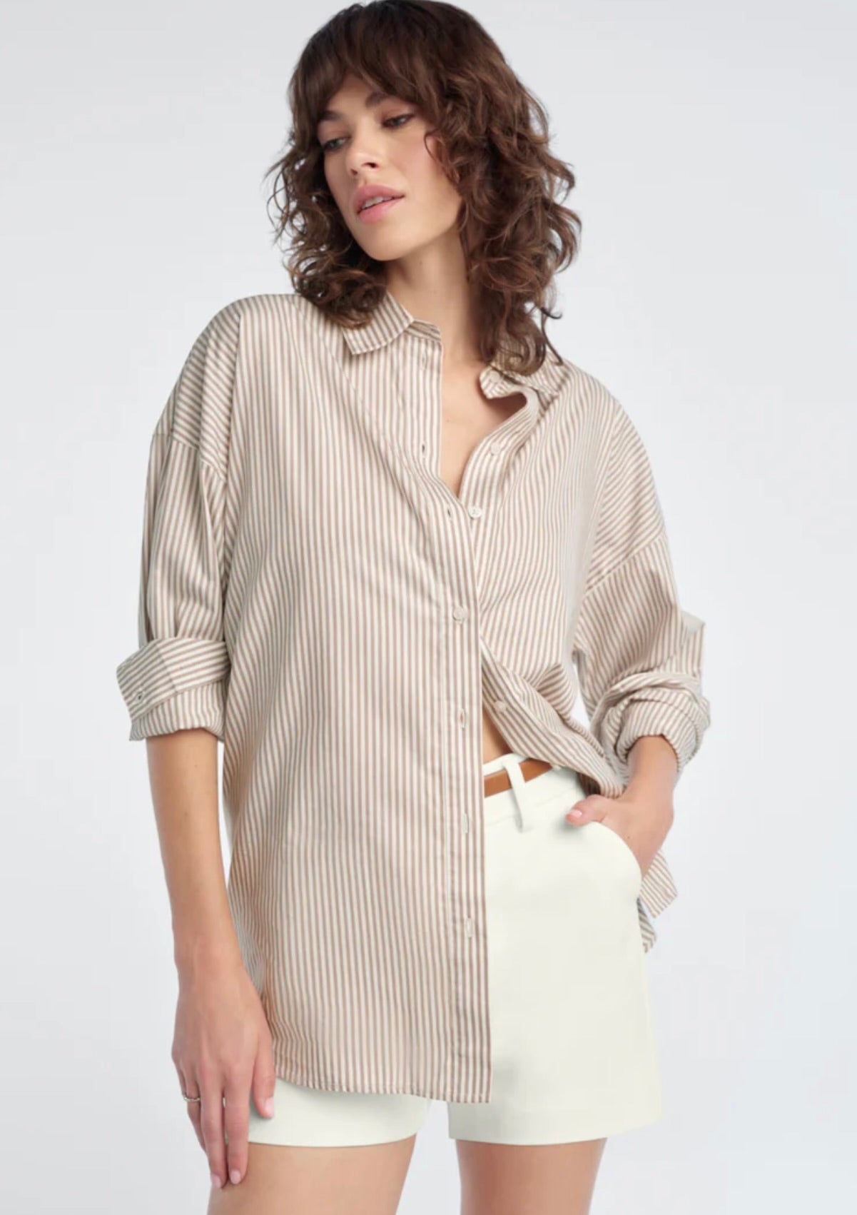 Soft Taupe Stripe Button Shirt