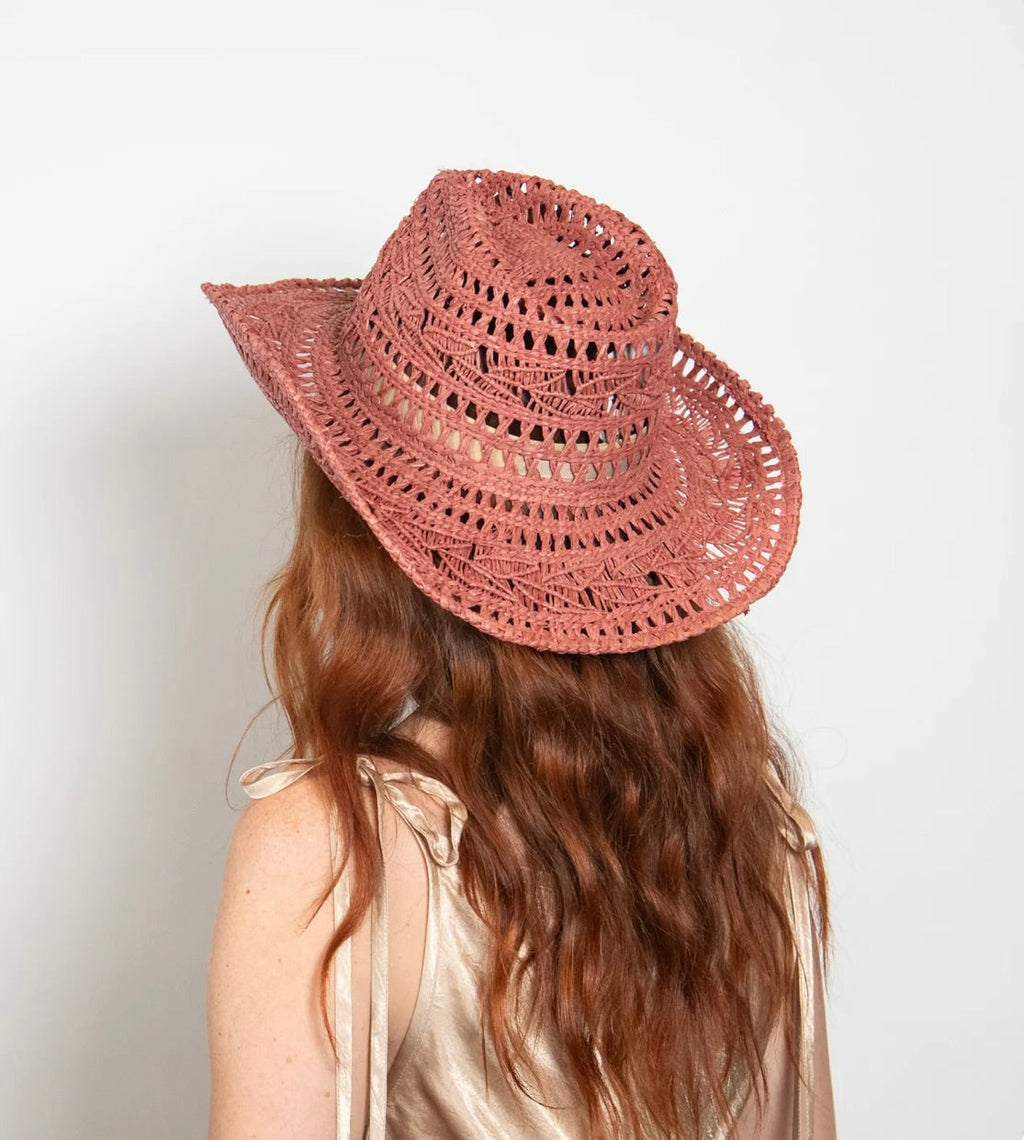 Rose Handwoven Raffia Straw Curved Brim Cutout Western Hat