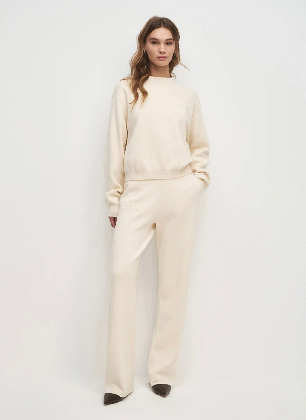 Ivory Cashmere-Cotton Wide-Leg Pants