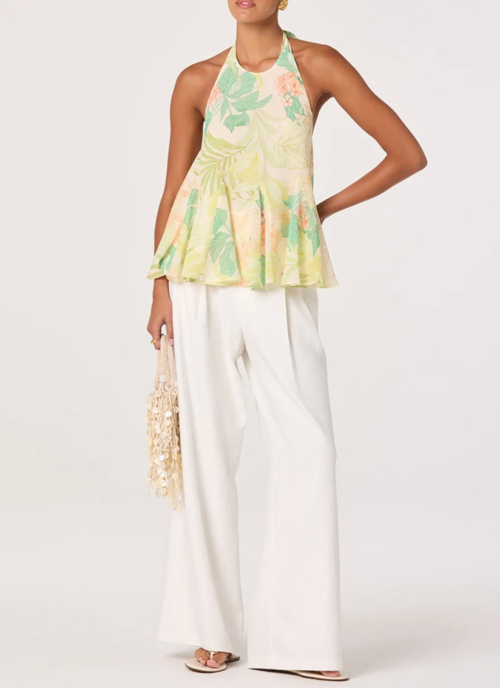 Center Back Self-Tie Tropical Print Chiffon Top