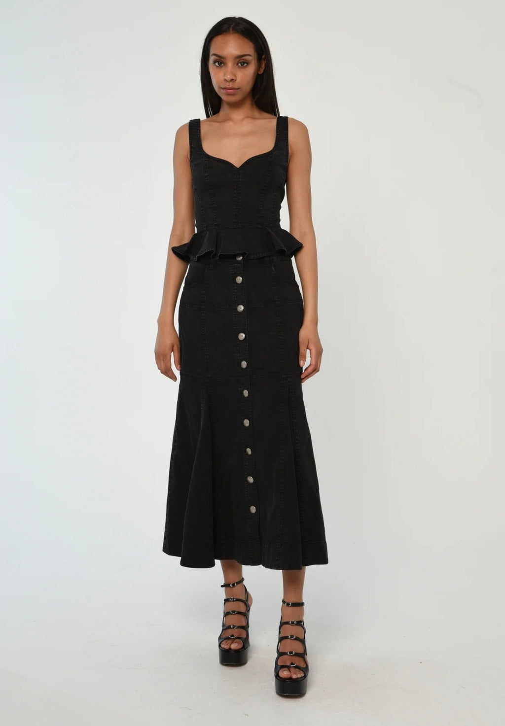 Mid-Waist Flared Denim Skirt with Graceful Drape & Two Front Pockets
