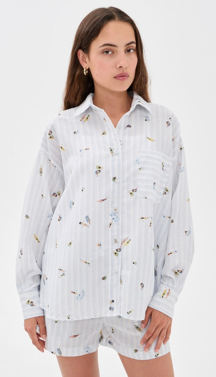 White Blue Multi Stripe Cotton-Polyester Button-Up Shirt