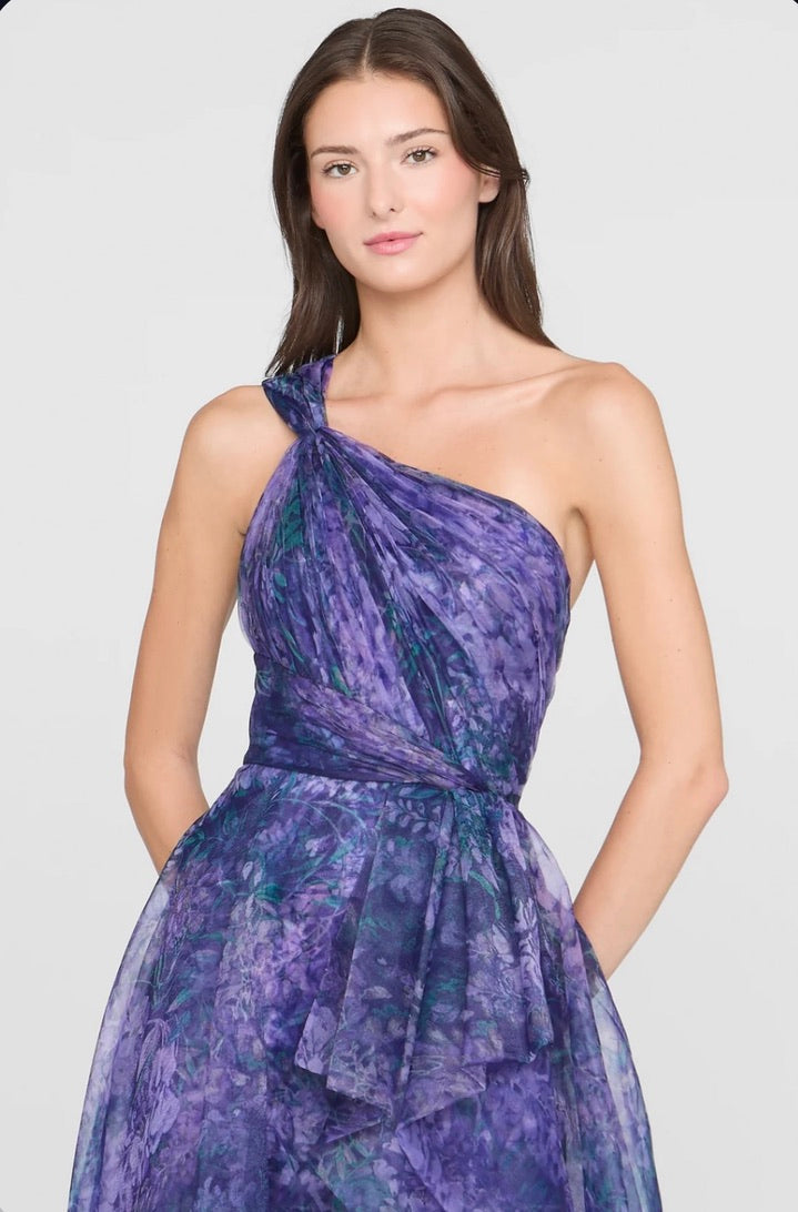 Defined-Waist Cascade-Layered Floor-Length Gown