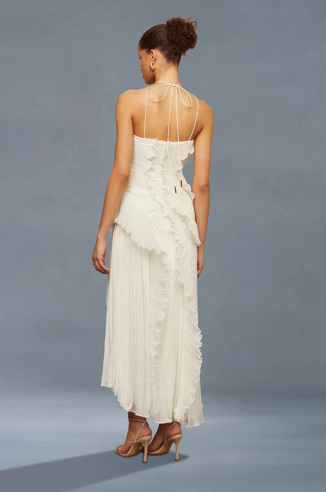 Ivory Lily Pad Pleated A-Line Halter Gown