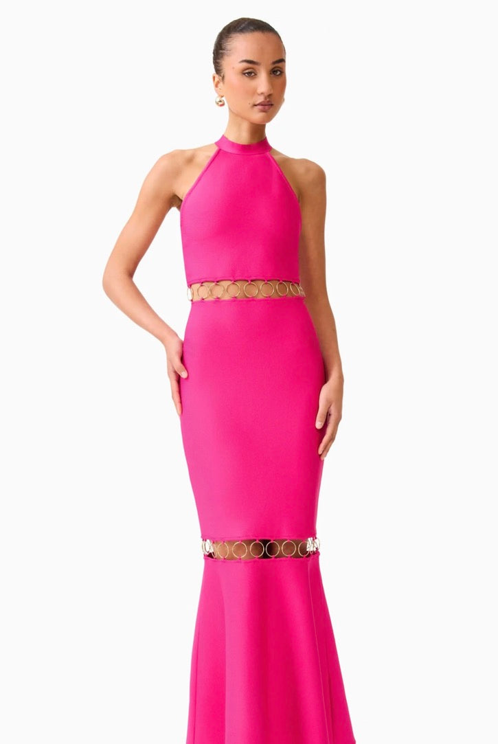 Raspberry Pink High-Stretch Halter Backless Gown