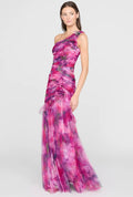 Luminous Bouquet One-Shoulder Ruched Tulle Gown