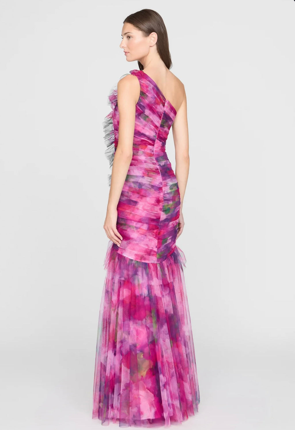Luminous Bouquet One-Shoulder Ruched Tulle Gown