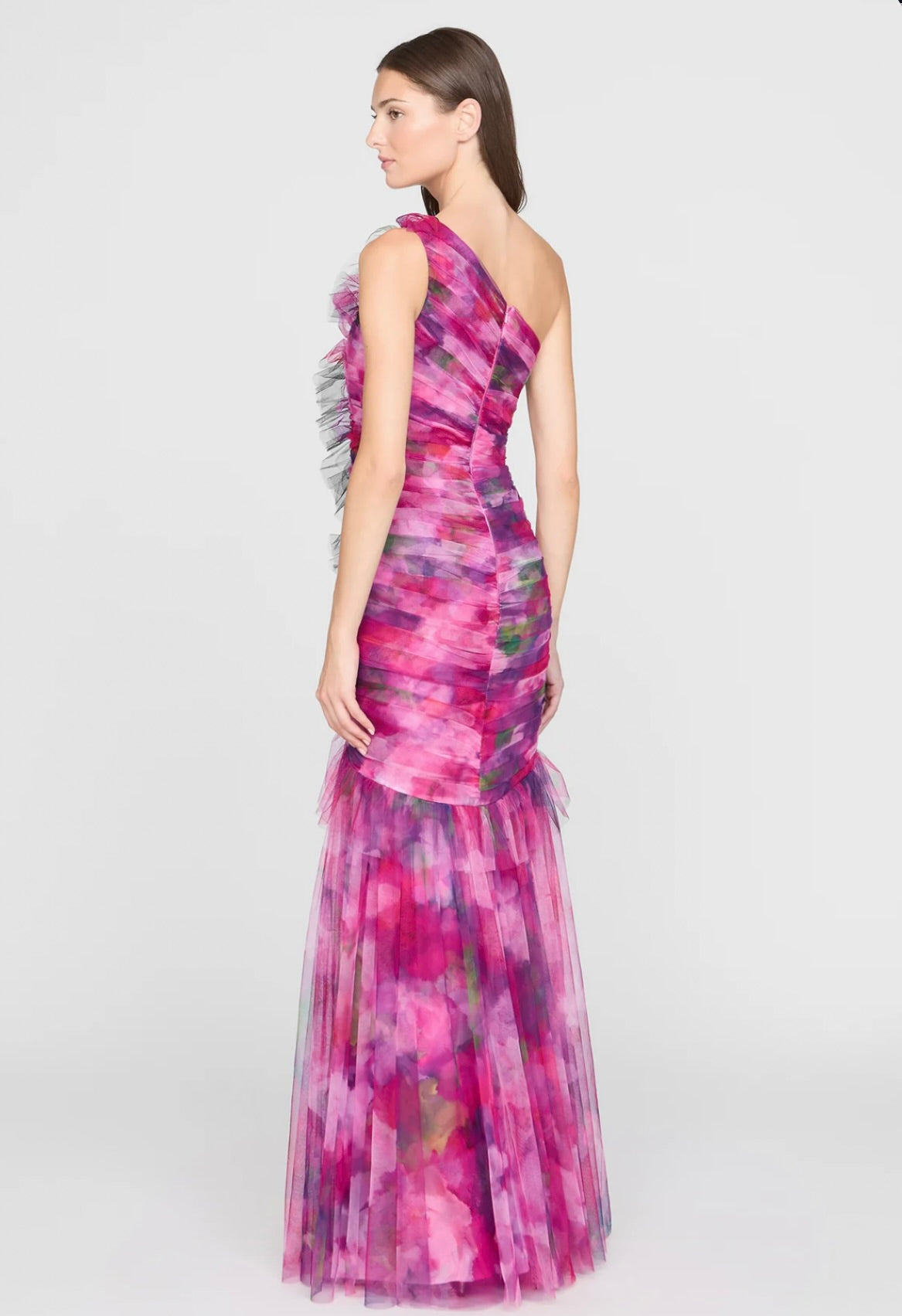 Luminous Bouquet One-Shoulder Ruched Tulle Gown