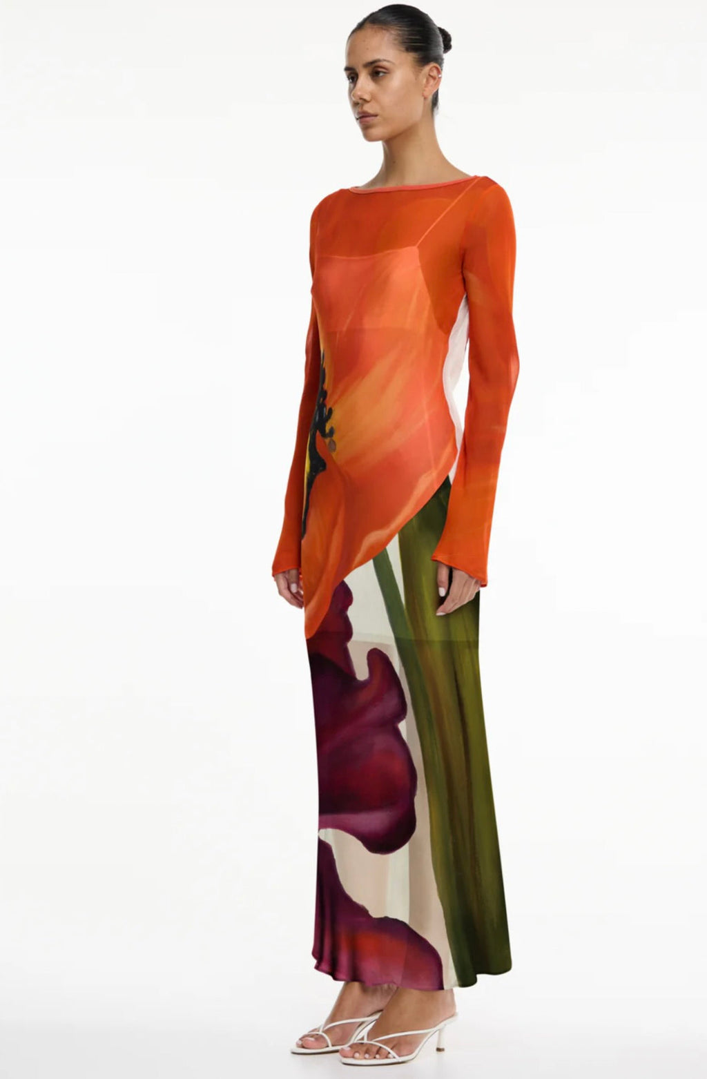 Boat Neck Fluid Viscose Georgette Evening Gown with Flared Hem