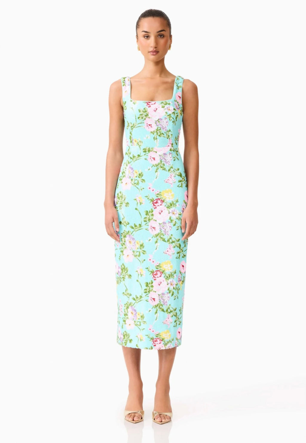 Mint Green Square-Neck Floral Sequin Midi Dress