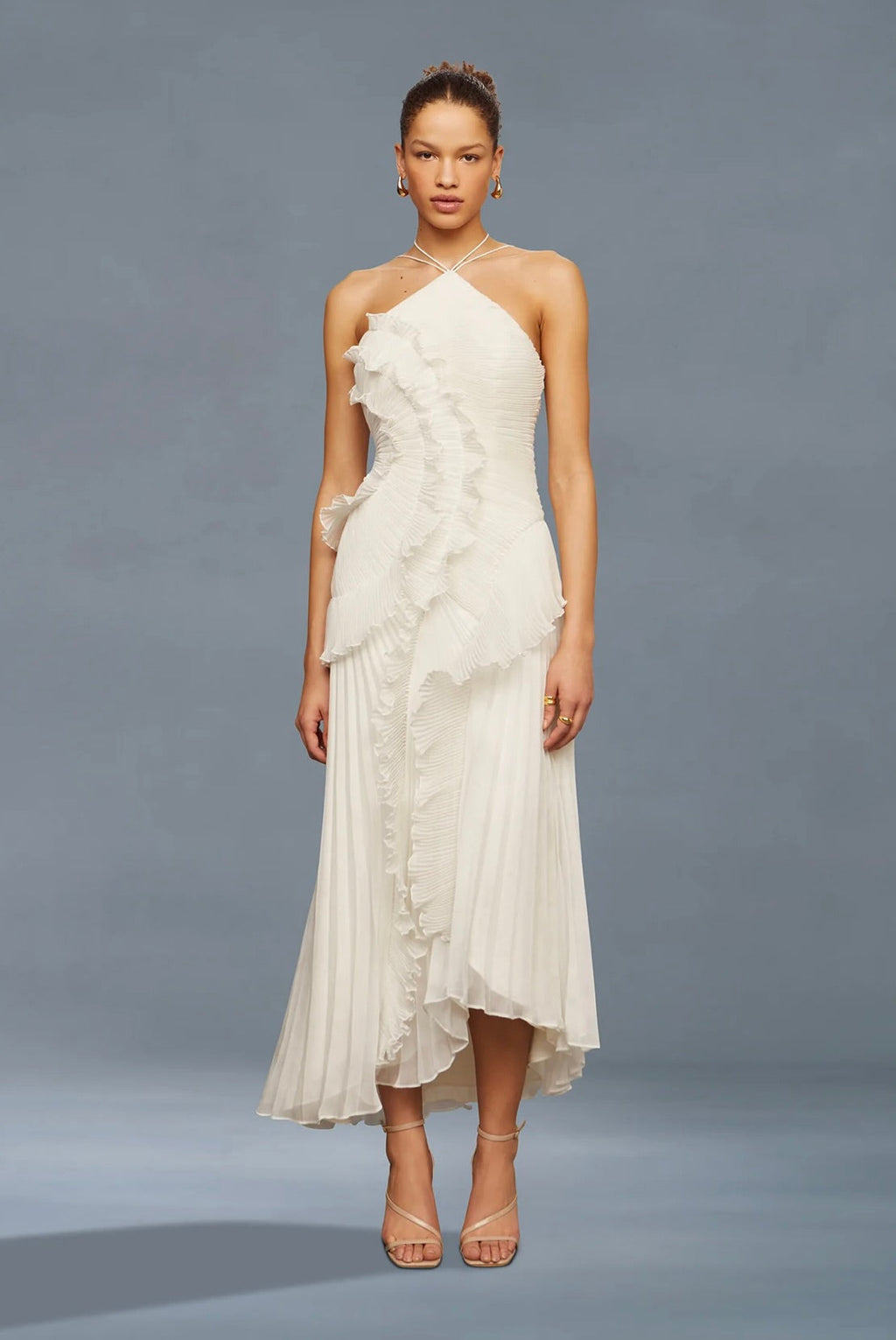 Ivory Lily Pad Pleated A-Line Halter Gown