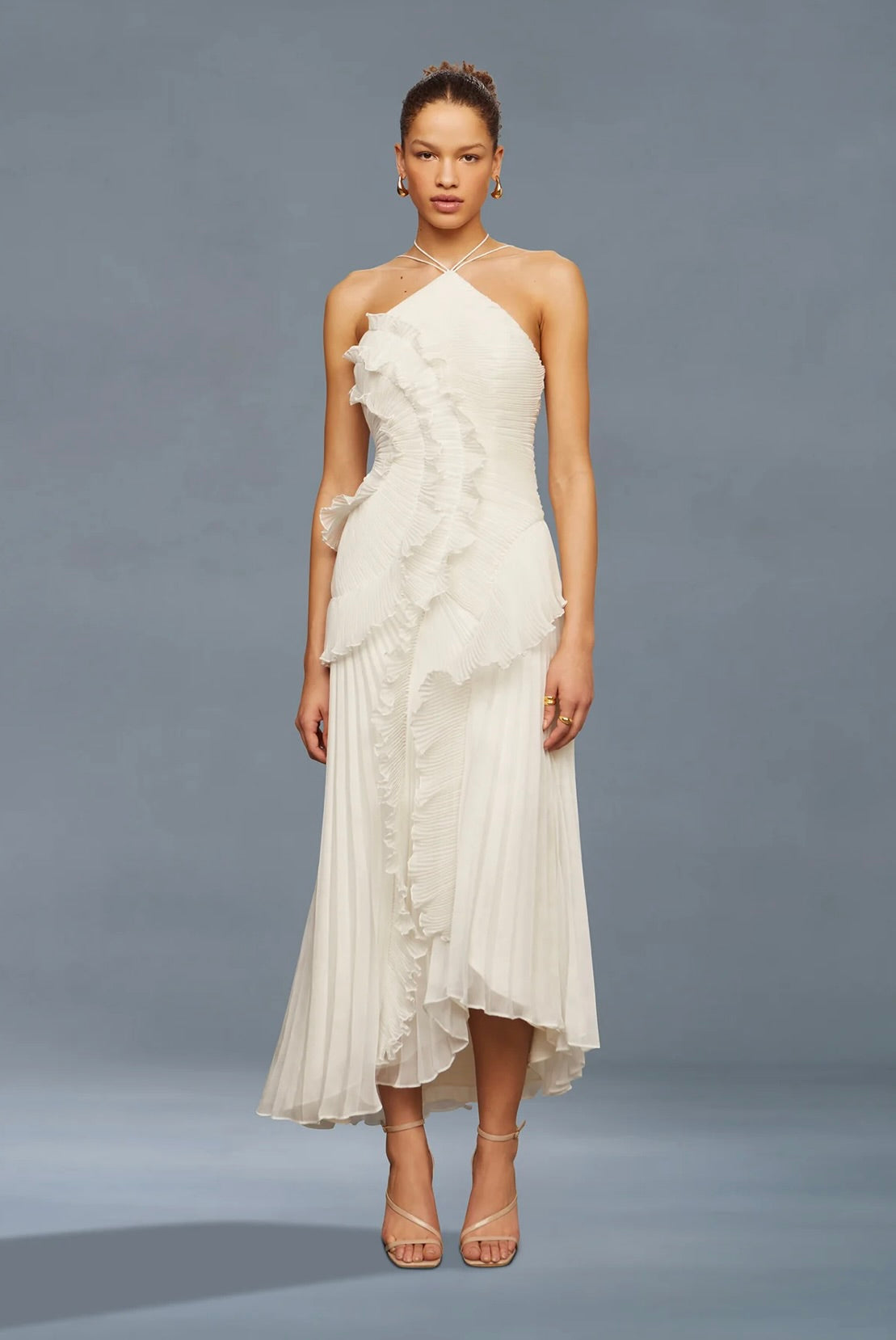 Ivory Lily Pad Pleated A-Line Halter Gown