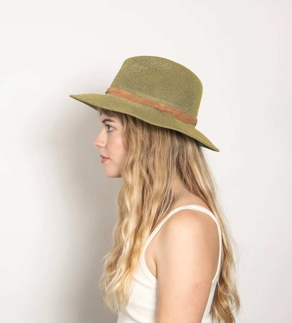 Sage Suede-Trim Foldable Panama Straw Hat