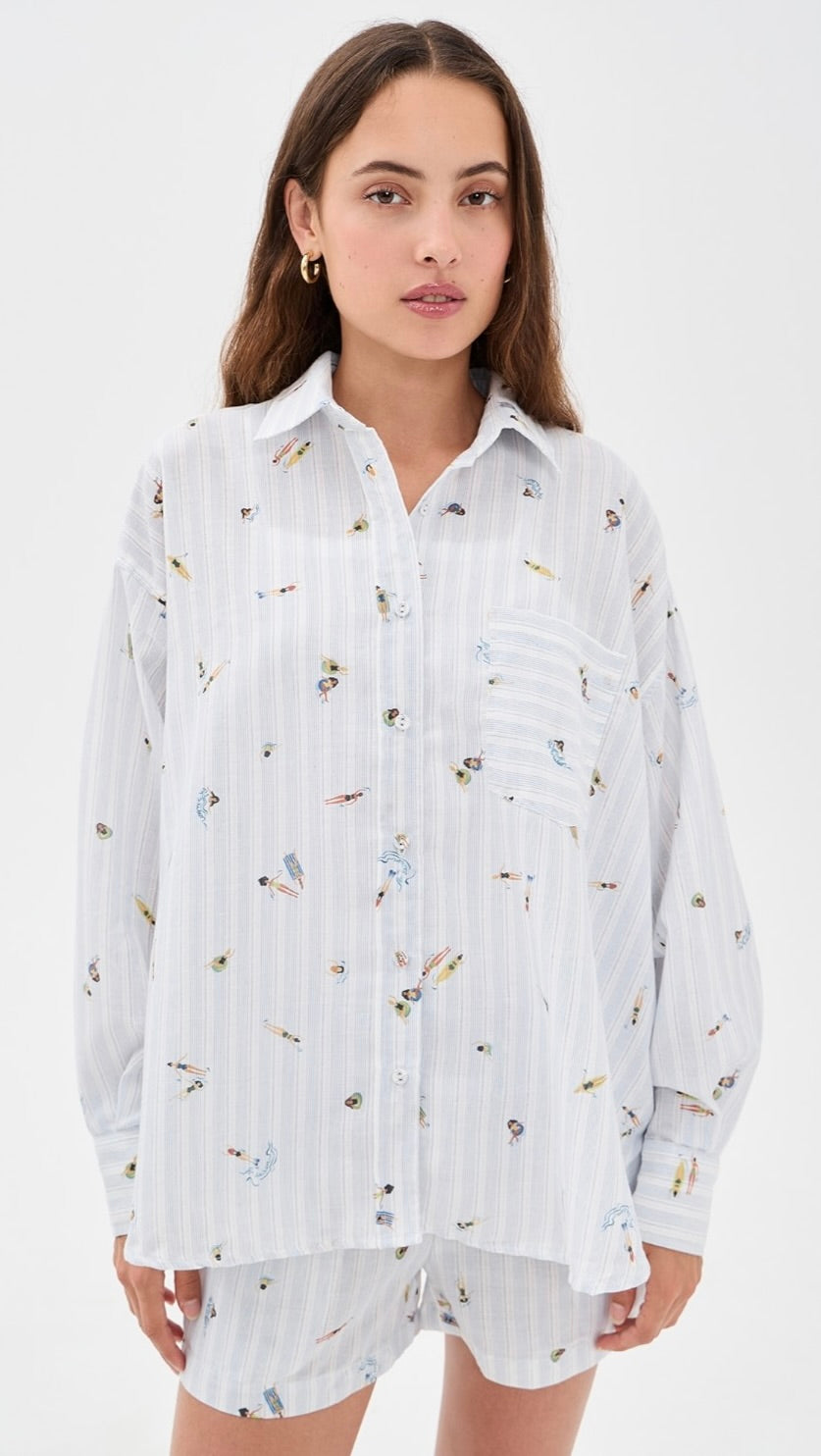 White Blue Multi Stripe Cotton-Polyester Button-Up Shirt