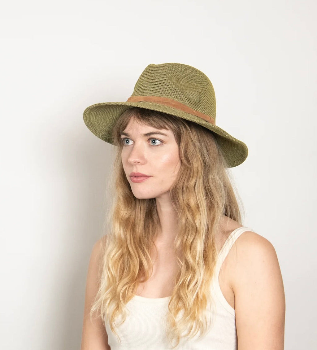 Sage Suede-Trim Foldable Panama Straw Hat
