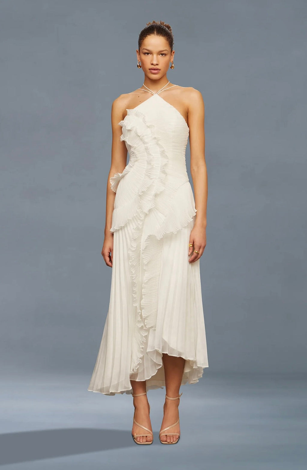 Ivory Lily Pad Pleated A-Line Halter Gown