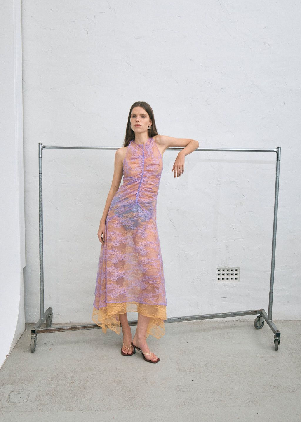 Lavender & Mango Raised-Funnel Layered Lace Dress