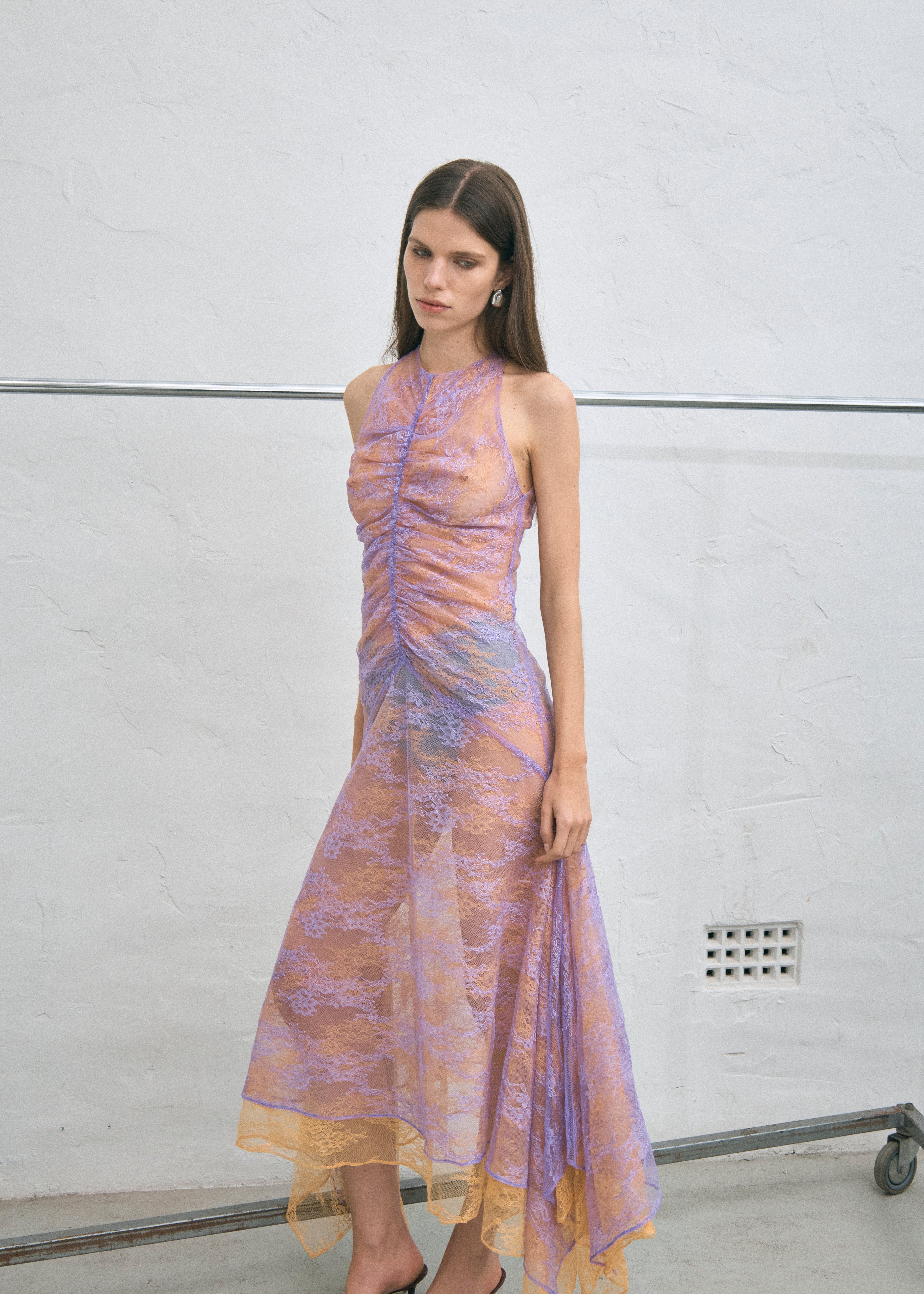 Lavender & Mango Raised-Funnel Layered Lace Dress