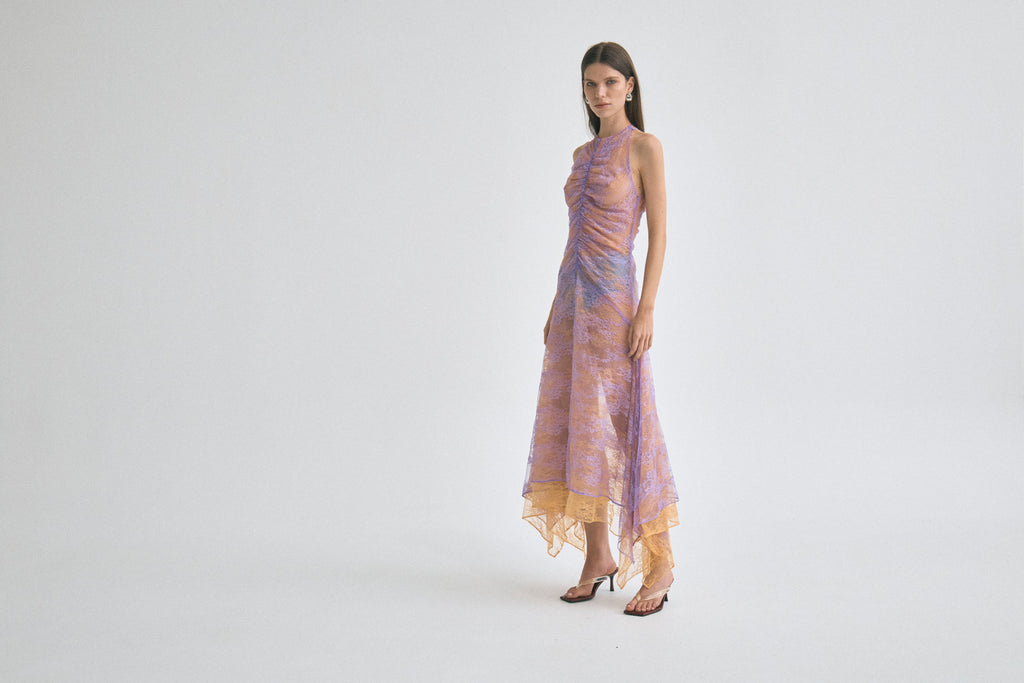 Lavender & Mango Raised-Funnel Layered Lace Dress
