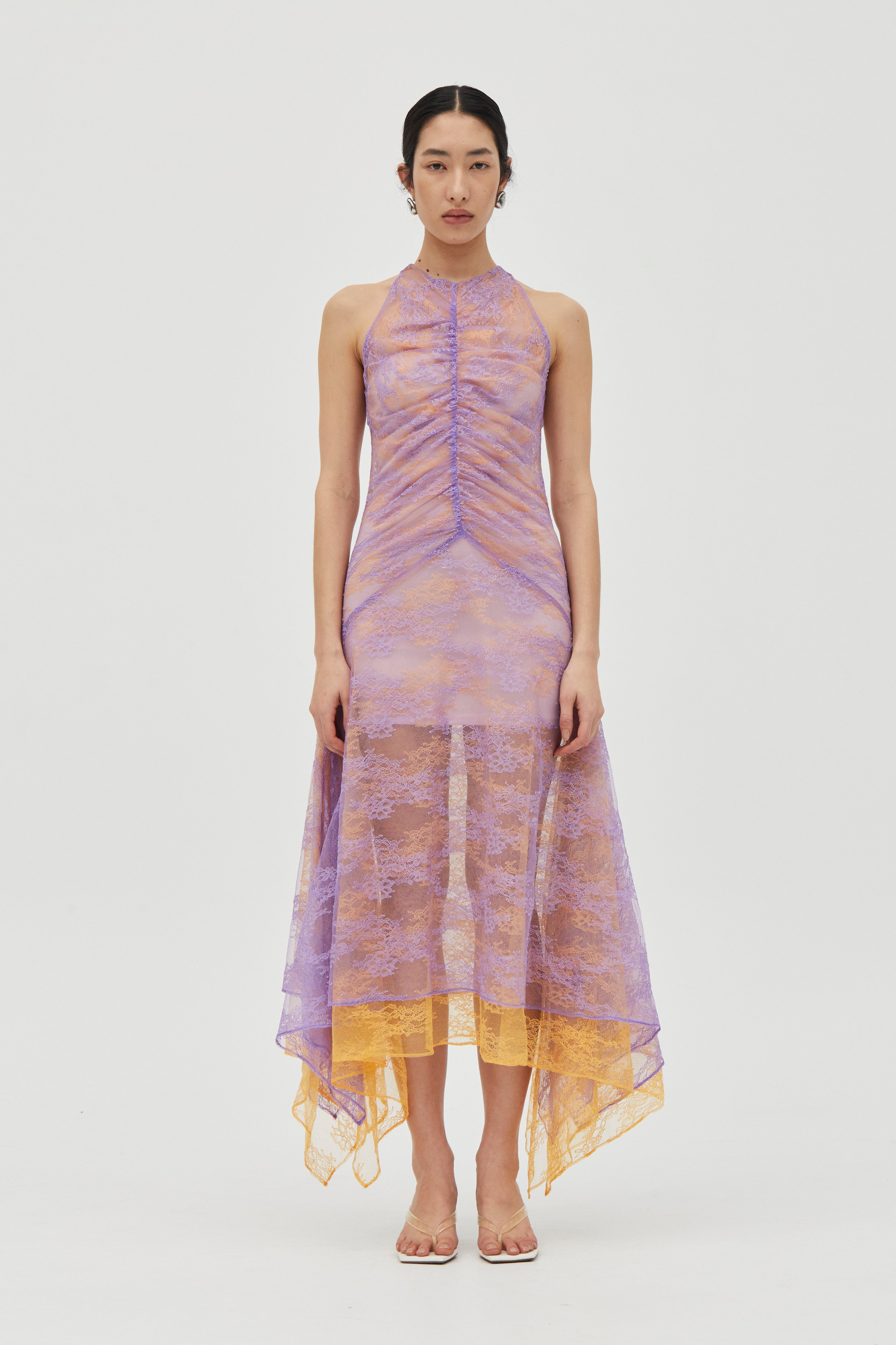 Lavender & Mango Raised-Funnel Layered Lace Dress