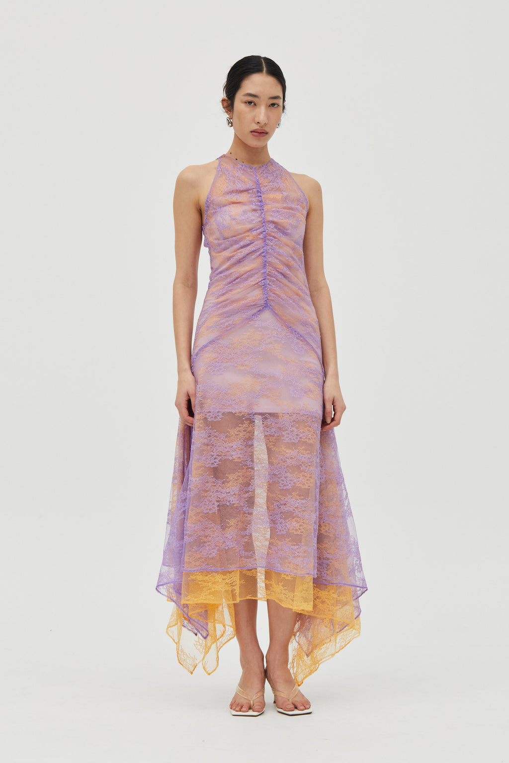 Lavender & Mango Raised-Funnel Layered Lace Dress