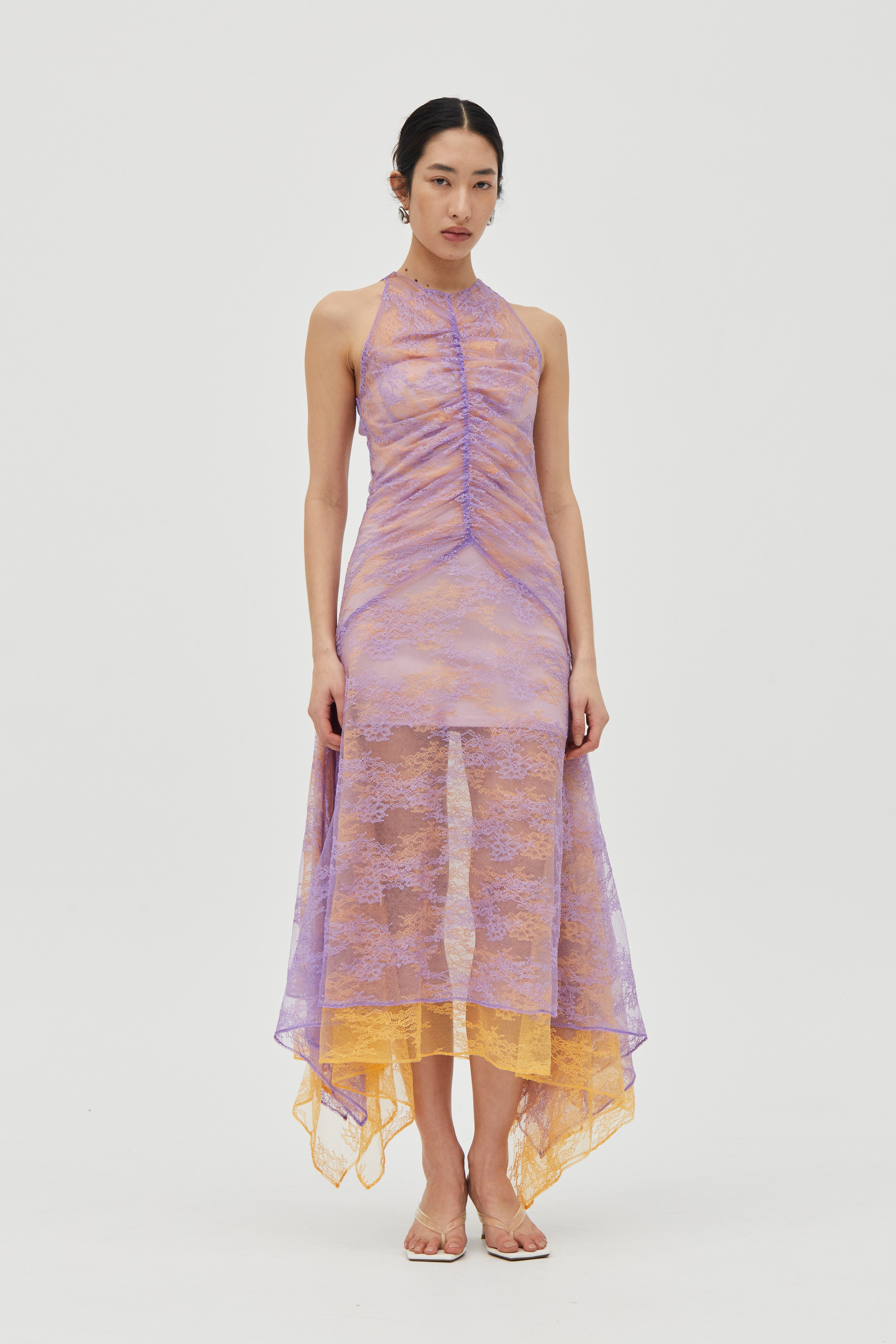 Lavender & Mango Raised-Funnel Layered Lace Dress