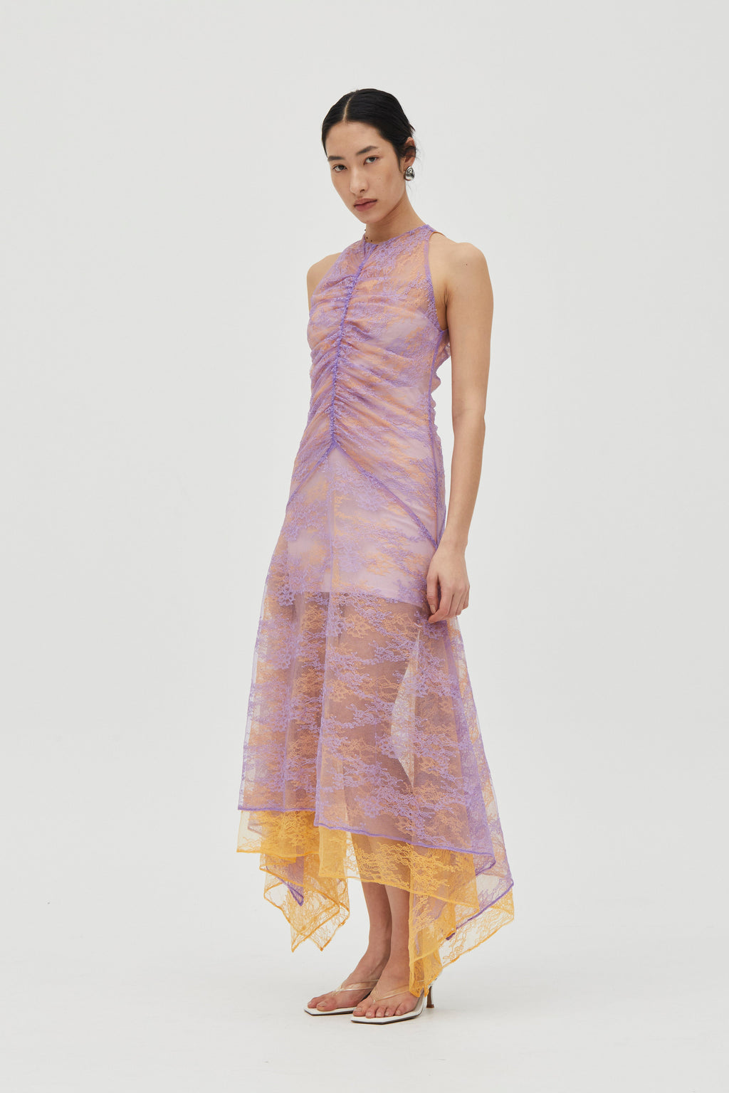 Lavender & Mango Raised-Funnel Layered Lace Dress
