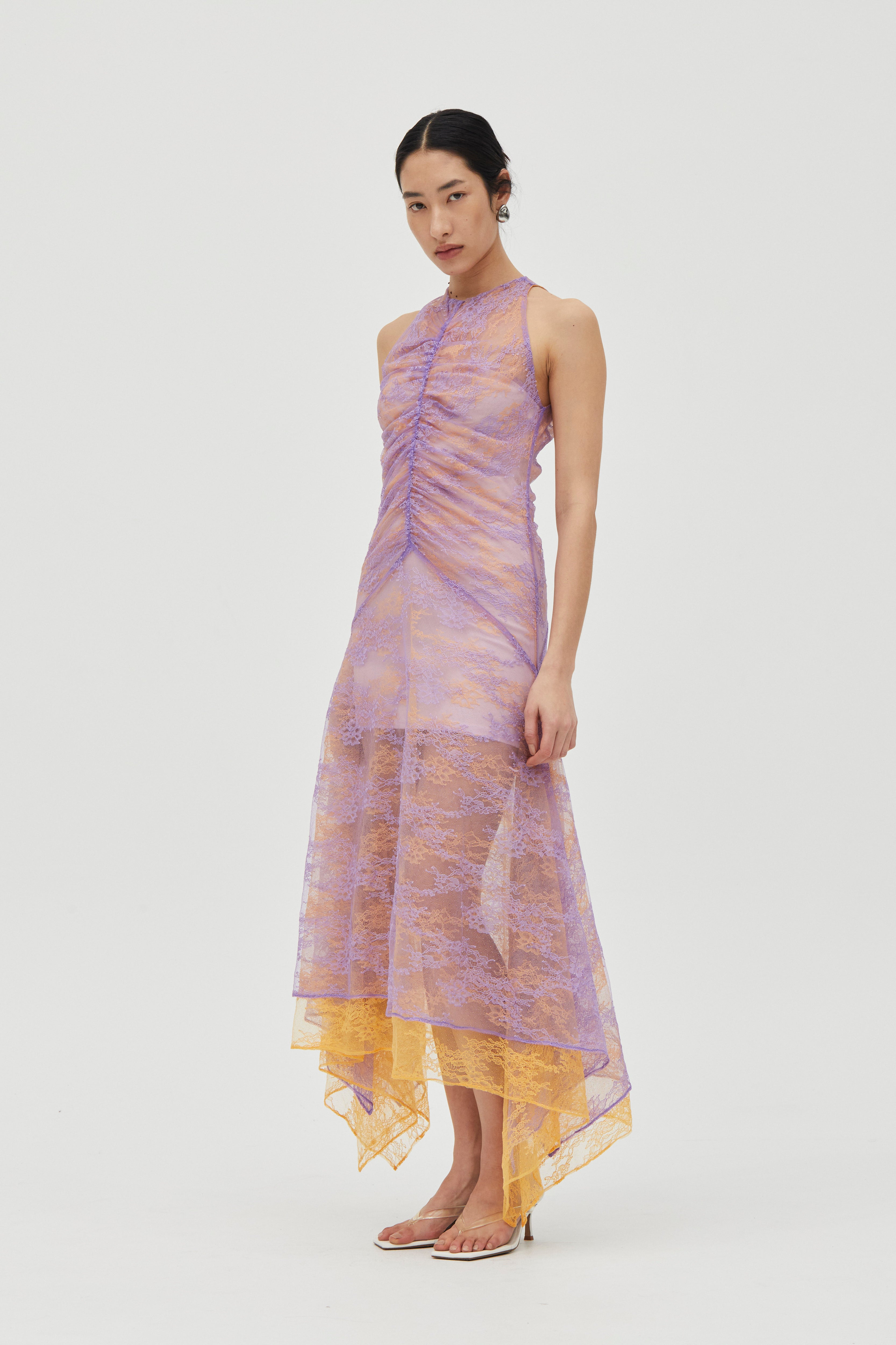 Lavender & Mango Raised-Funnel Layered Lace Dress