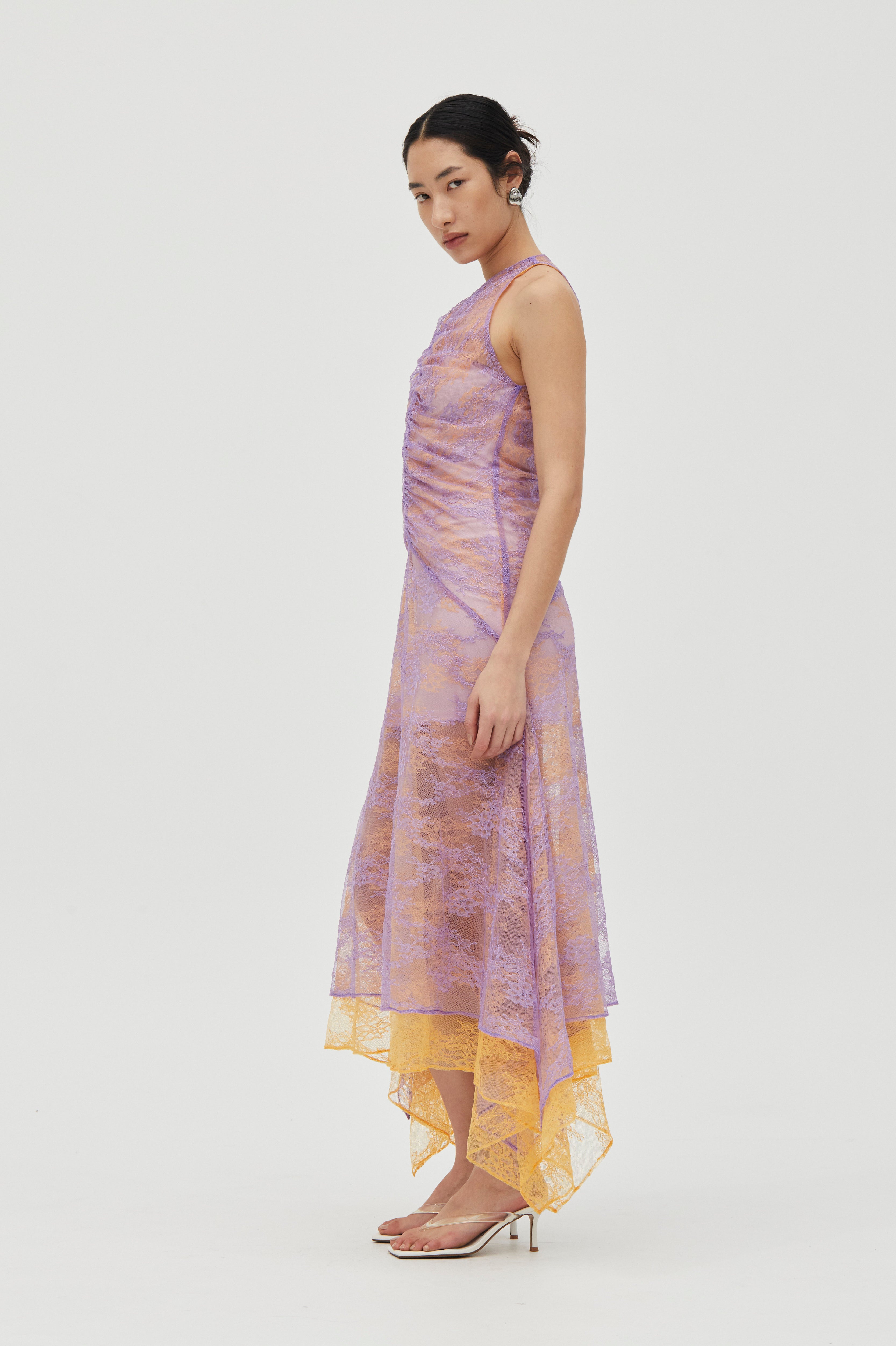 Lavender & Mango Raised-Funnel Layered Lace Dress