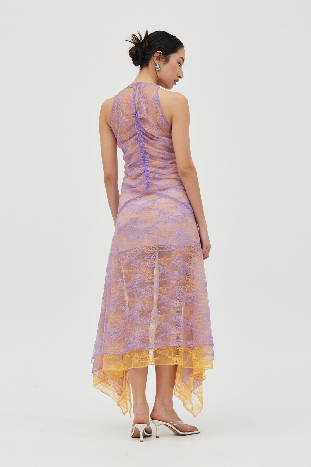Lavender & Mango Raised-Funnel Layered Lace Dress