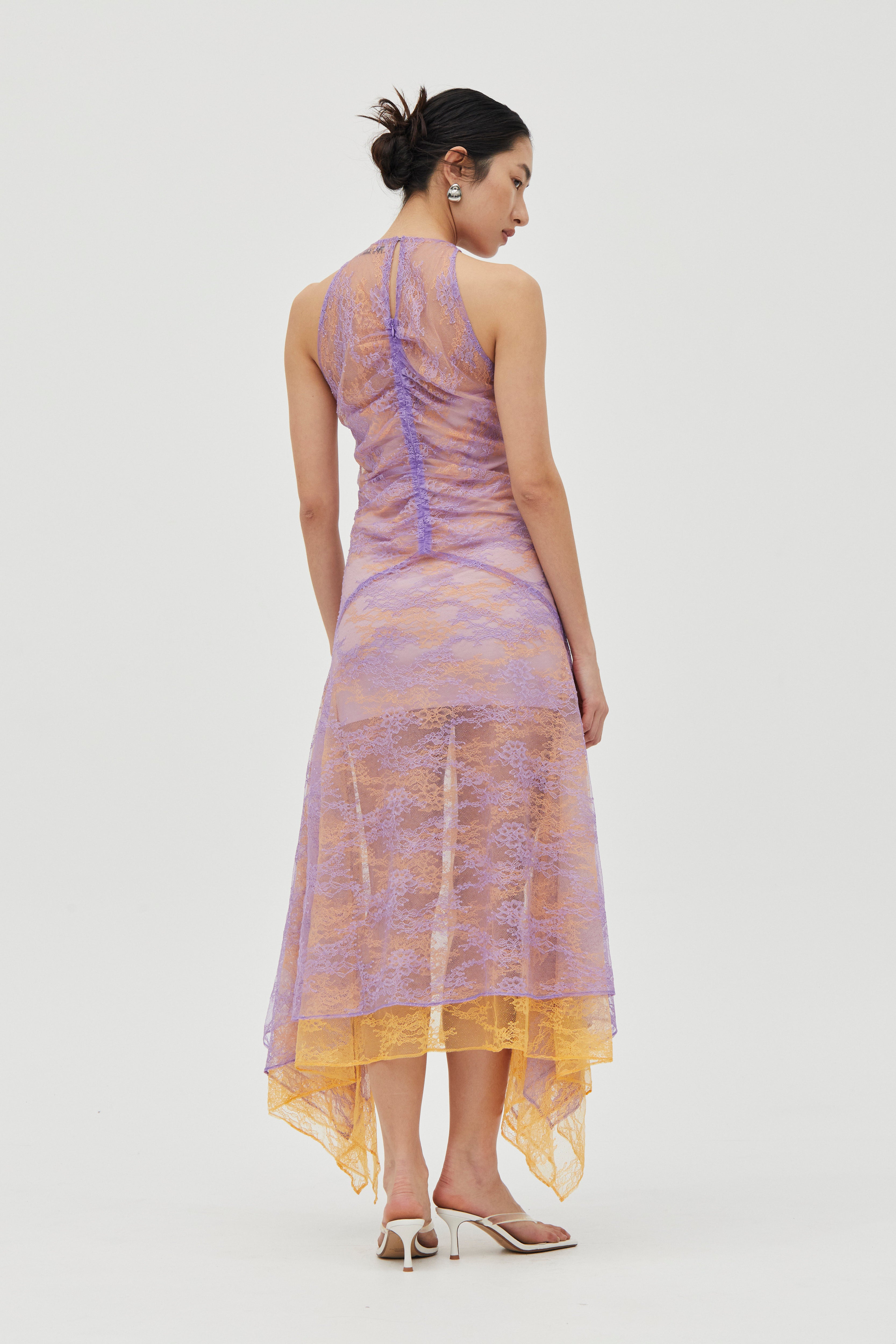 Lavender & Mango Raised-Funnel Layered Lace Dress