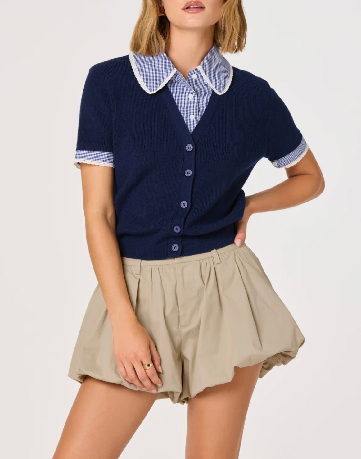 ‌Navy Gingham Collar Cardigan