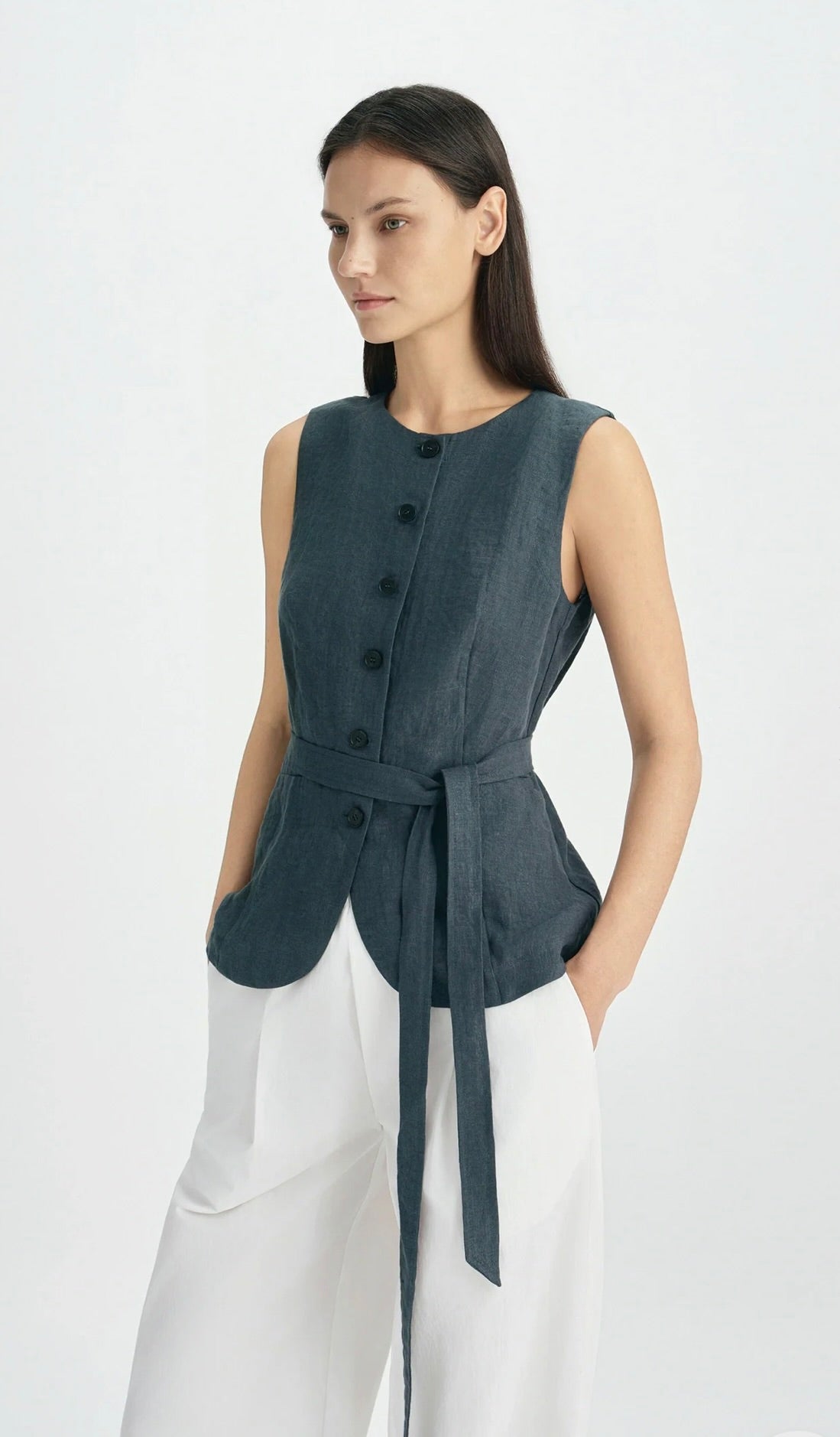 Slate Button-Front Tie-Waist Cotton Top